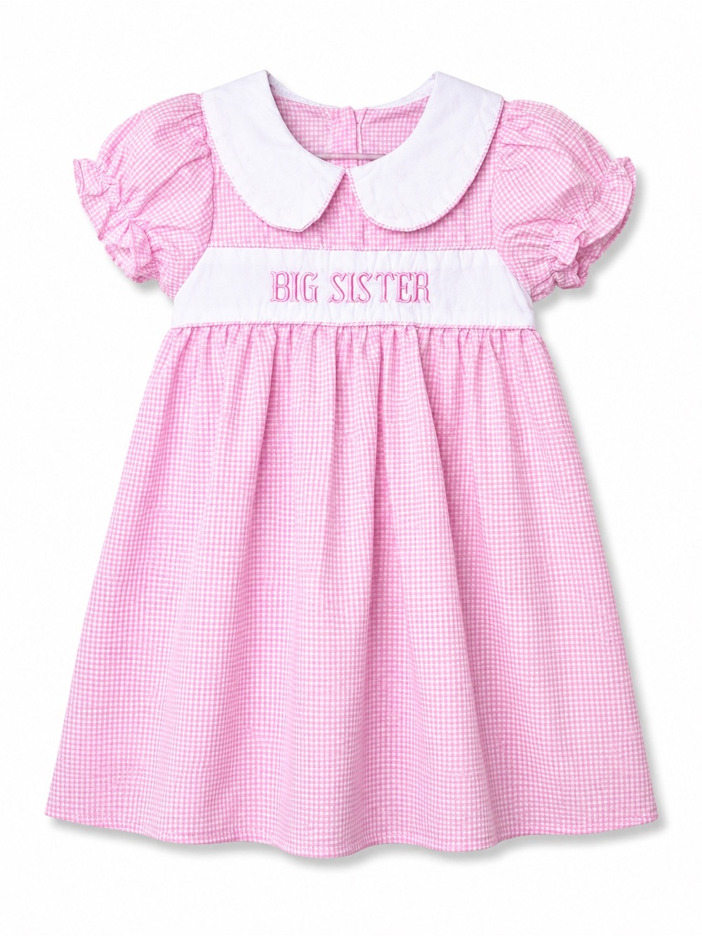 Big Sister Pink Gingham Dress SZ 3 4 Peter Pan Collar Puff Sleeve Boutique